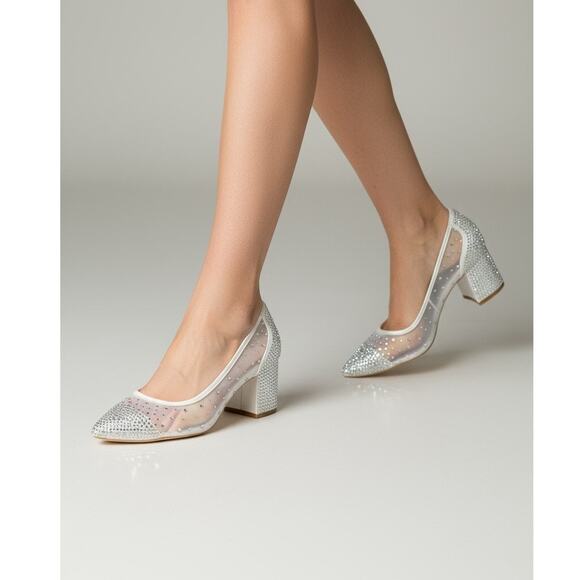 Silver Rhinestone Mesh Heels Women’s Block Wedding Shoes EU 38 / US 7.5 - Picture 1 of 14